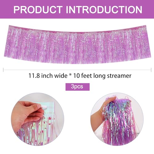 Image of BEISHIDA 3 Packs Metallic Foil Fringe Garland Shining Purple Wall Hanging Tinsel Fringe Banners for Car Floats Bridal Shower Wedding Birthday Easter Graduation Holiday Party Decoration(30 Feet)