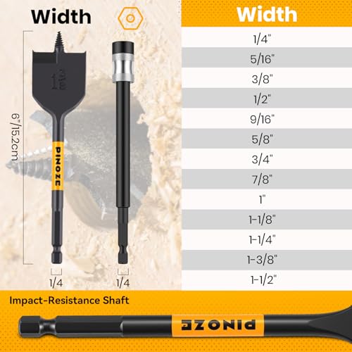 Image of PINOZE 14-Piece Spade Drill Bit Sets with 6 inch Quick-Load Extension, Paddle Flat Bit for Hole Cutter Woodworking, 1 /4 inch to 1-1 /2 inch, Self-Feeding Threaded Tip, 1 /4 inch Hex Shank, Storage Pouch Included