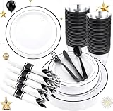 WELLIFE 210Pcs Black Plastic Dinnerware with Pre Rolled Napkins, Include:30 Dinner Plates, 30 Dessert Plates...