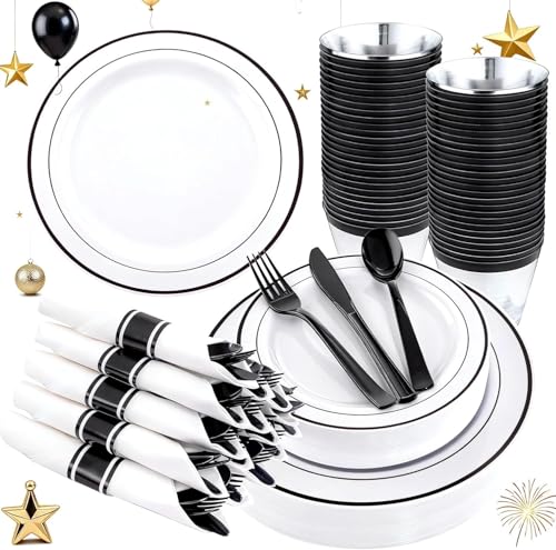 WELLIFE 210Pcs Black Plastic Dinnerware with Pre Rolled Napkins Include:30 Dinner Plates 30 Dessert Plates 30 Paper Napkins 30 Cups 90 Plastic Cutlery