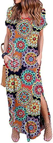 IMBOAZ Women's Casual Loose Long Dress Short Sleeve Floral Print Maxi Dresses with Pockets