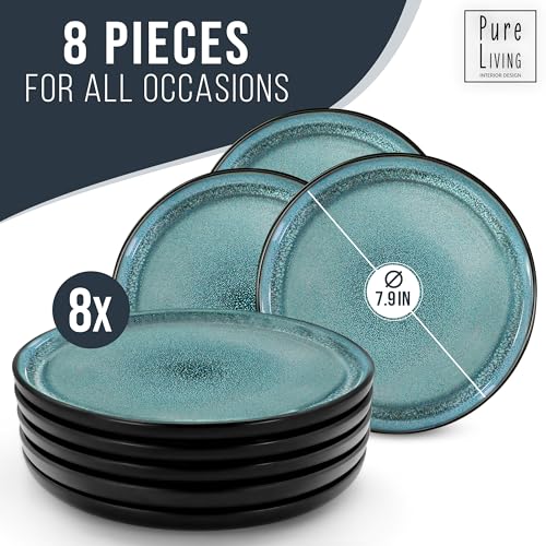 Small Dinner Plates Set of 8, Stylish Stoneware Salad & Dessert Plates, Ceramic, Dishwasher and Microwave Safe Dark Petrol Blue