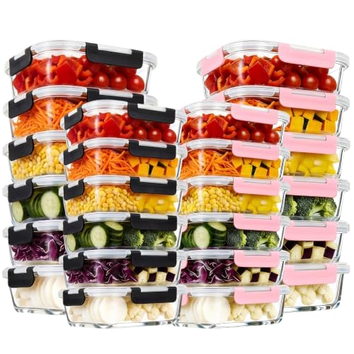 Image of Konokyo 24 Pack Rectangular Glass Food Storage Containers with Lids, 12 Pink + 12 Black, Airtight Leakproof Meal Prep Containers, BPA-Free, Microwave Oven Freezer & Dishwasher Safe