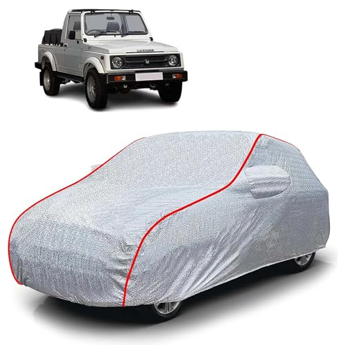 Image of Sulfar 100% Waterproof Car Body Cover Compatible with Mirror for Maruti Suzuki Gypsy (Triple Stitched, Full Bottom Elastic, Magic Silver with Red Piping)