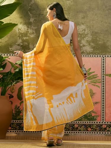Image of SIRIL Women's Cotton Linen Printed Zari Border Saree with Unstitched Blouse Piece