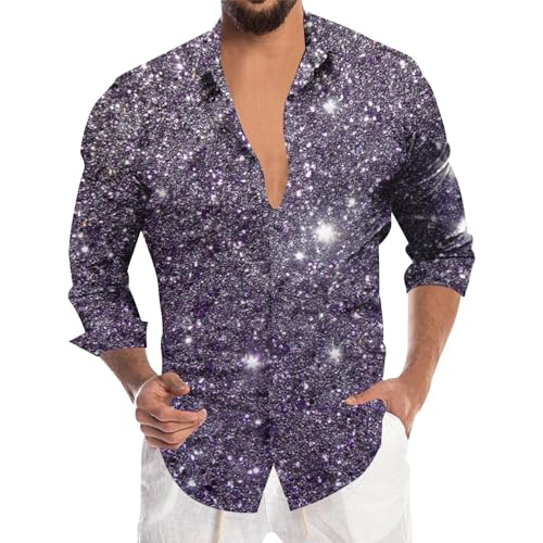 Generisch Camisa con purpurina para hombre, manga larga, con lentejuelas, estampada, discoteca, hippie, fiesta, camisa brillante de los años 70 y 80, disfraz de carnaval, camisa para hombre, camisa de