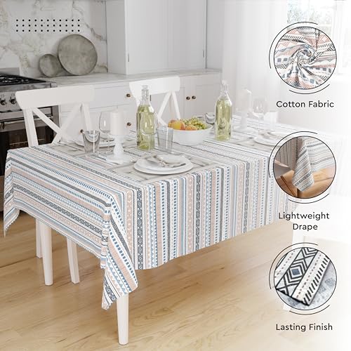 Image of Encasa XO Dining Table Cover Cloth for 4 to 6 Seater (56 inchx72 inch) | Cotton Rectangular Dining Table Cloth - Machine Washable Rectangle Tablecover for Wedding, Party, Buffet - Aztec Blue