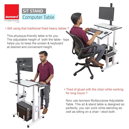 Image of Isomars Computer /Laptop Table with Adjustable Height & Angles, Sit Stand Table, Computer Desktop Workstation with Fixed Monitor Mount - Useful for Using Gadgets Like Desktop, Laptop, etc. (White)