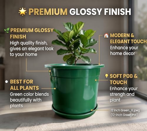 Image of 12 Inch Glossy Forest Green Plastic Planter with Bottom Plate | Heavy Duty Flower Pot with Tray for Indoor Home Decor, Balcony, Living Room & Outdoor Garden (3 Pot, Forest Green)