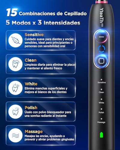 Cepillo de Dientes Eléctrico de Rotación para Adultos - Cepillo Eléctrico 3 Intensidades, 5 Modos, 8 Cabezales, IPX7 Impermeable, Cepillo Dientes Electrico Viaje Recargable, Negro - imagen 5