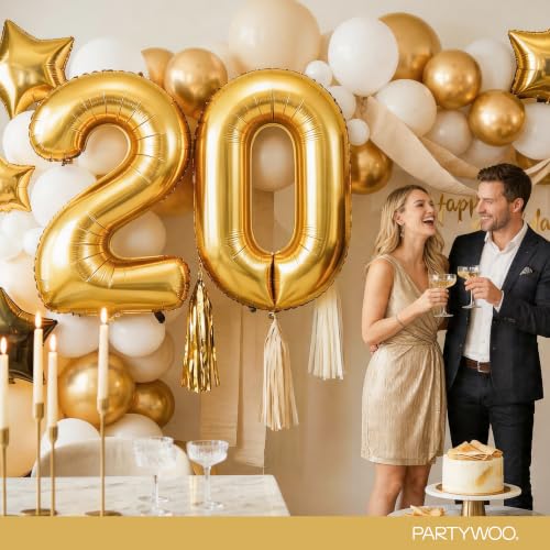 Image of PartyWoo Metallic Gold Number 2 Balloon 40 Inch 25pcs Gold Foil Star White