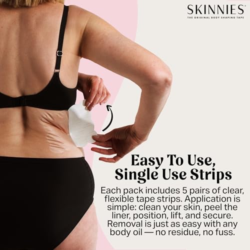 Skinnies Instant Back Lift Tape - Patented & Made in USA - Smooths Back Fat Instantly - Hides Easily on Your Sides - Waterproof, Clear Adhesive Strips, Sweatproof Body Tape for Women - 5 Pairs4