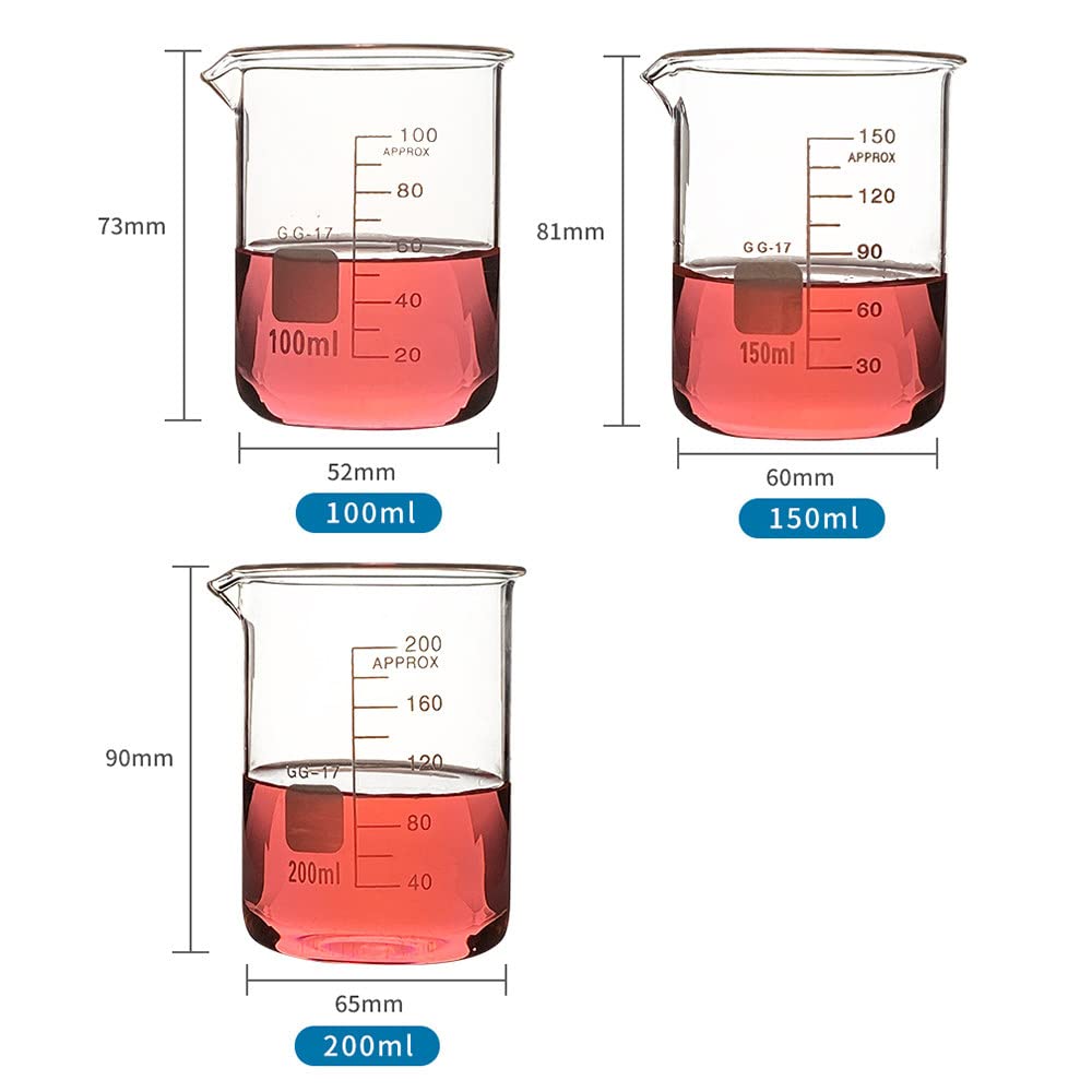 Juego de vasos de precipitados de vidrio, 5 ml, 10 ml, 25 ml, 50 ml, 100 ml, 150 ml, 200 ml, juego de vasos de laboratorio de borosilicato, vaso de medición de vidrio con graduación y pico vertedor,