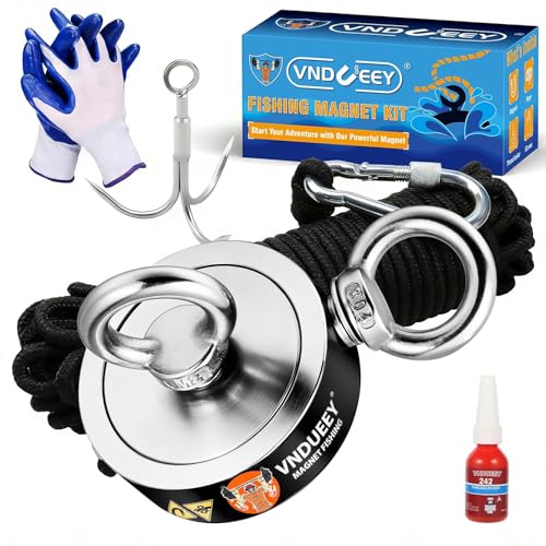 VNDUEEY 760 LBS Magnet Fishing Kit, Fishing Magnets Kit Includes Grappling Hook, Heavy Duty 65FT Rope, Gloves & Locking Carabiner - 2.36inch Diameter