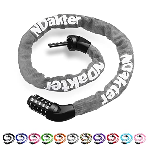 Ndakter Bike Chain Lock, 5-Digit Combination Anti-Theft Bicycle Lock, 3.2 Feet Long Security Resettable Bike Locks Heavy Duty For Bike, Motorcycle, Bicycle, Door, Gate, Fence, Grill, Gray #TOP7