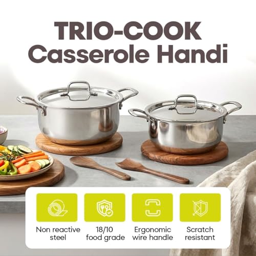 Image of Trio-Cook Triply Stainless Steel Saucepot Combo | 22cm (4.5L) and 26cm (6.5L) Pots with Steel Lids | Induction and Gas Compatible | Rust-Resistant Cookware Set