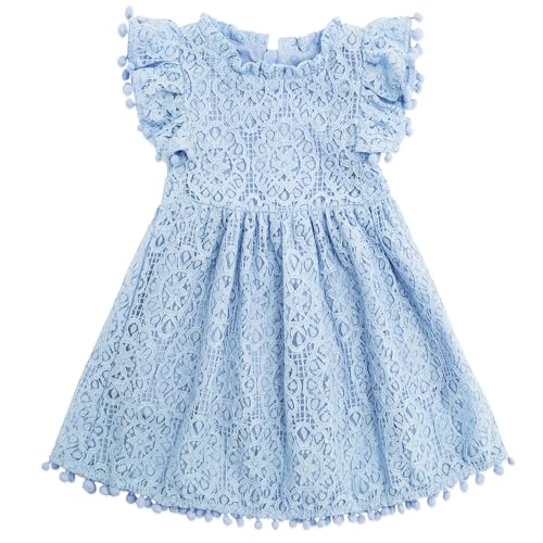 Toddler Girls Lace Dress Pom Pom Ruffle Sleeve Kids Party Birthday Princess Dresses for Age 12 Months-5 Years