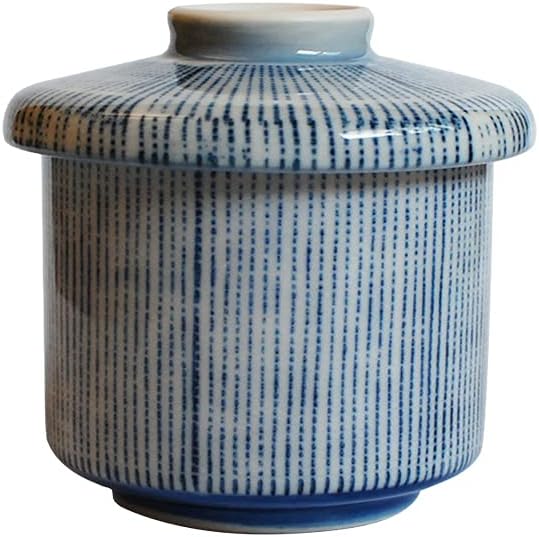 IPPINKA Japanese Porcelain Chawanmushi Cup with Lid, Seto-mono, Made in Japan, 105cc, Blue Hakeme Stripe