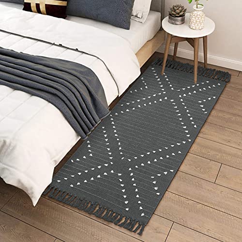 Haocoo Washable Runner Rug 2’ X 4.3’,Geometric Woven Cotton Diamond Grey Rug With Tassel, Moroccan Tribal Hallway Runner Rug Bath Rugs For Bathroom Bedroom Laundry Room #TOP1