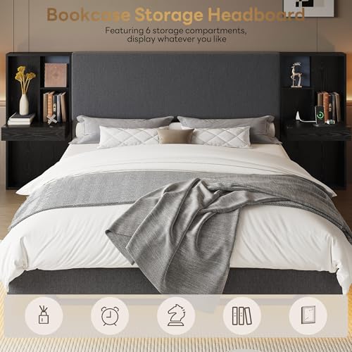 Image of LIKIMIO Modern Queen Bed Frame with Built-in Bookcase Headboard, Floating Upholstered Platform Bed with Storage Shelves and LED Lighting, No Box Spring Needed, Dark Gray /Black