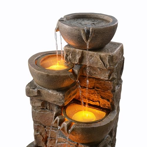 Image of Teamson Home 33.27 inch Cascading Bowls & Stacked Stones LED Water Fountain for Outdoor Living Spaces, Brown