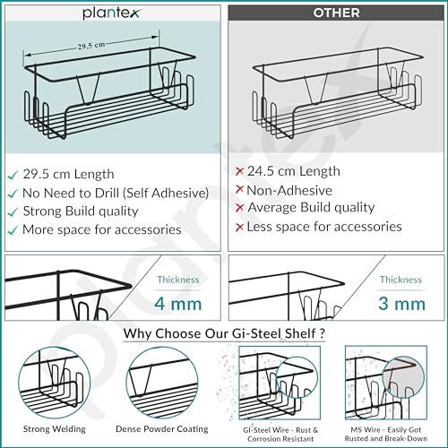 Image of Plantex Bathroom Organiser Without Drill /Shelf for Wall Adhesive Black /GI Steel Shelf for Bathroom with Side Hooks /Washroom Accessories Set - Powder Coated (Pack of 2)