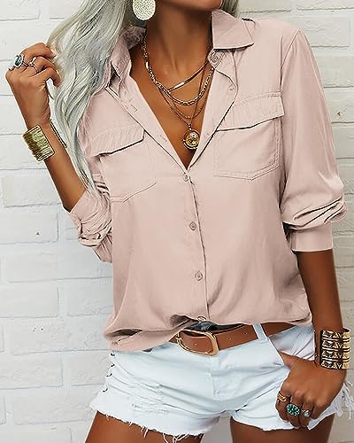 Veatzaer Womens Solid Lapel Long Sleeves Button Down Shirt Top Casual Basic Office Blouse2