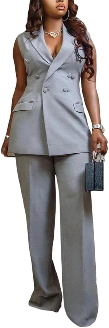 Women Sleeveless Custom Blazer High Waist Wide Leg Pants Slim Office Banquet Wear