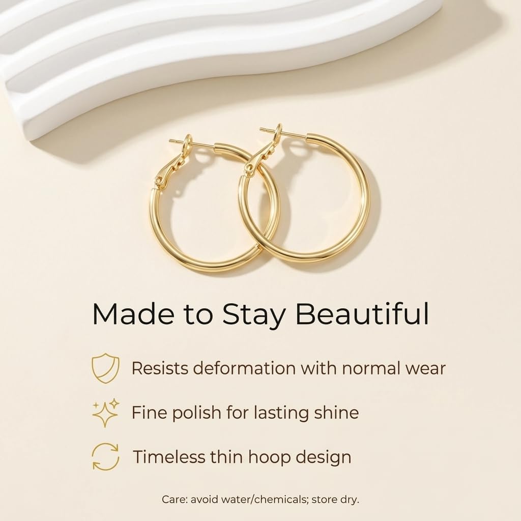 14K Yellow Gold Hoop Earrings for Women Thin Gold Hoops Hypoallergenic Lightweight Large Hoops Earring for Woman 2MMx30/40/50/60MM