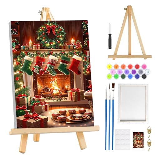 MOGTAA Christmas Paint by Numbers Kit for Adults Beginners with Frame Christmas Socks Adult Paint by Number Kits on Canvas with Easel Easy DIY Oil Painting Kits for Home Decor 8x12in