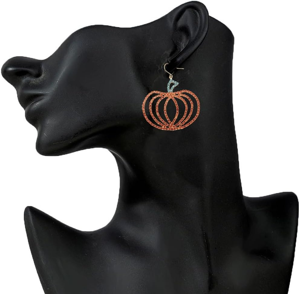 Orange Crystal Pumpkin Dangle Earrings for Women Rhinestone CZ Lightweight Halloween Big Fall Fruit Charms Statement Drop Fish Hook Dangling Earring Delicate Holiday Party Festival Jewelry - Image 4