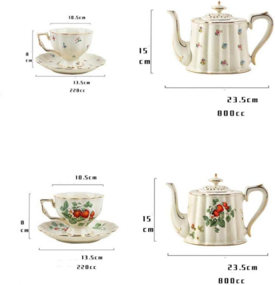 Tmore Tea Cup and Saucer Set, Strawberry Pattern 7.4 oz / 220 ml Ceramic Coffee Mug with Saucer and Spoon, Vintage Coffee Cup with Gold Trim for Women