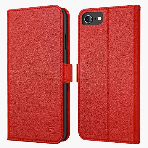iPhone 8 case iPhone 7 case ZOVER Genuine Leather Case Flip Folio Book Case Wallet Cover with Kickstand Feature Card Slots & ID Holder and Magnetic Clasps for iPhone 7 and iPhone 8 Red