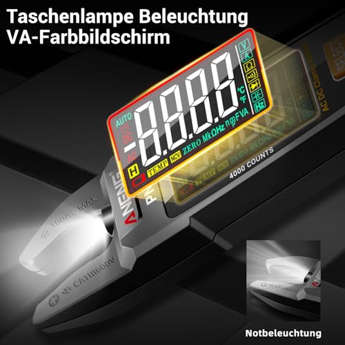 ANENG Multimeter Stromzange,Farb-LCD Wiederaufladbarer U-förmiger Strommesszange,4000 Counts mit Wechselstrom/Gleichstrom Strom,Spannung,Widerstand,Kapazität,berührungslose Spannungserkennung Werkzeug