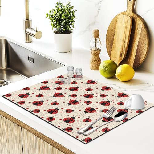 JFFTLL Red Ladybug Dish Drying Mat, 12×15 Inch