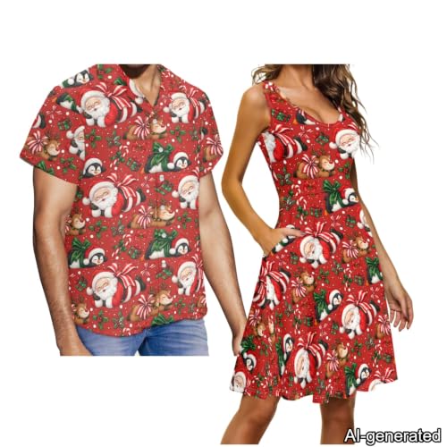 Image of Dreaweet Summer Dresses for Women A-Line Sleeveless Flowy Sun Dresses,Men's Casual Button-Down Shirts,Couple Matching Outfits