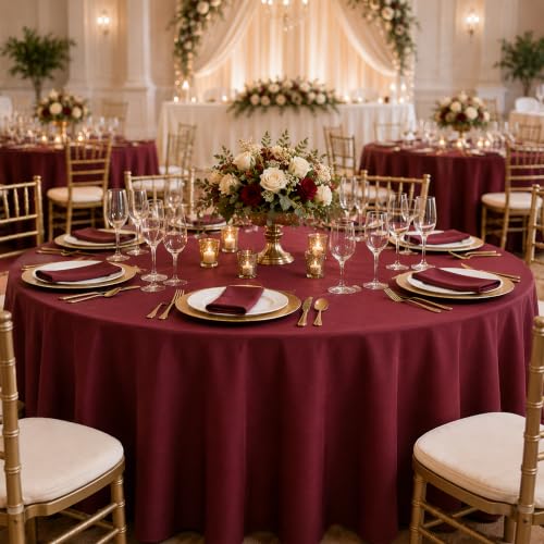 Image of WNINK 2 Pack Burgundy Round Tablecloth, 84 Inch Disposable Plastic Table Covers, Burgundy Round Table Cover for Wedding, Bridal Shower, Anniversary, Holiday, Banquet Party Supplies