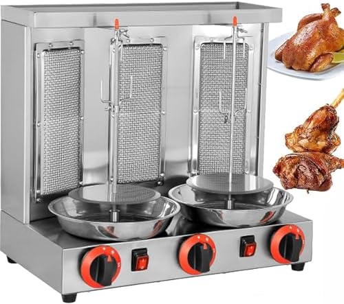 Electric Vertical Kebab Grill, Commercial Meat Rotisserie with Automatic Rotating Skewers, Indoor Countertop Gas Grill Machine - Silver Double Knob for Perfectly Cooked Kebabs.