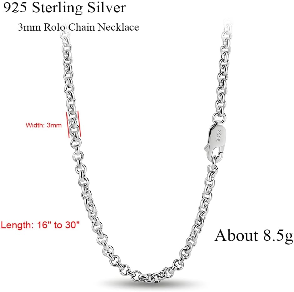 Solid 925 Sterling Silver Rolo Chain Necklace, 3mm Round Cable Chain Link with Lobster Clasp, 16" to 30" Length for Men & Women - Image 8