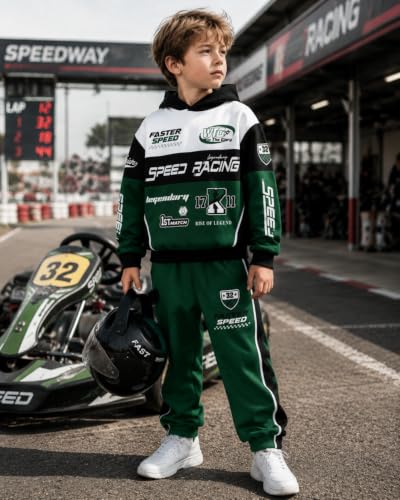 Image of Boy 2 Piece Outfits Long Sleeve Racing Hoodie Top and SweatPants Fall Winter Clothing Set Sizes 5-12 Years