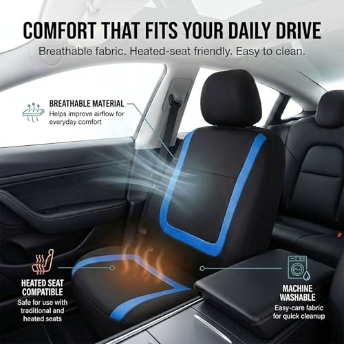 Image of FH Group Car Seat Covers Full Set Cloth - Universal Fit Automotive Seat Covers, Low Back Front Seat Covers, Solid Back Seat Cover, Washable Car Seat Cover for SUV, Sedan and Van Blue