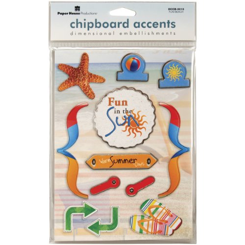 Paper House Productions DCCB-0013E Chipboard Accents Non-Adhesive Dimensional Embellishments, Fun Beach