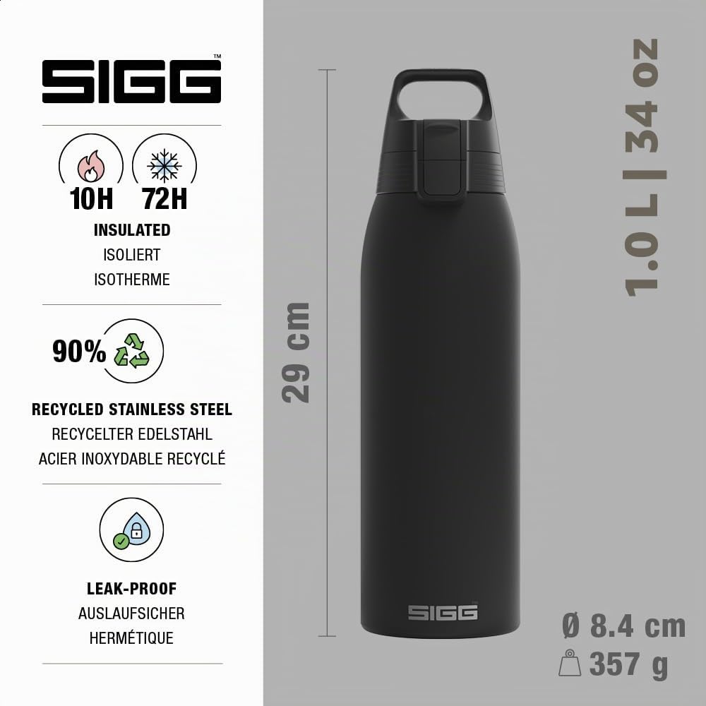 SIGG - Borraccia Termica - Shield Therm One Nero - Adatta alle bevande gassate - Ermetica - Lavabile in lavastoviglie - Senza BPA - 90% acciaio inox riciclato - Nero - 1 L