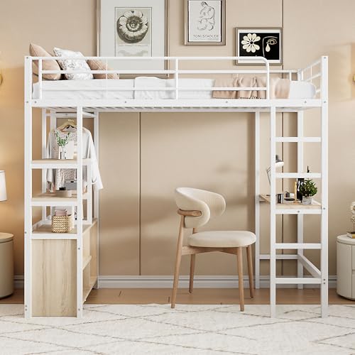 ZKLOEP Cama alta, 90 x 200 cm, sin colchón, cama con escritorio, con enchufe y USB, varios estantes, armario de almacenamiento abierto, barandilla, escalera, marco de hierro, color blanco