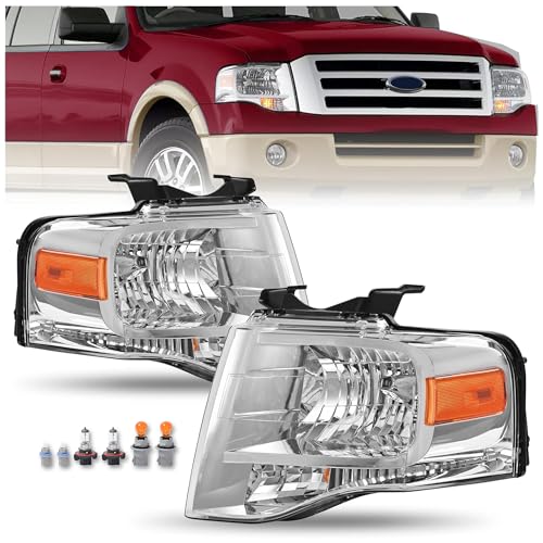 HECASA Pair Headlight Compatible with 2007-2014 Ford Expedition Halogen Headlamp Front Corner Light Lamp w/Bulb Clear Lens Chrome Housing with Amber Reflector Left&Right Driver and Passenger Side