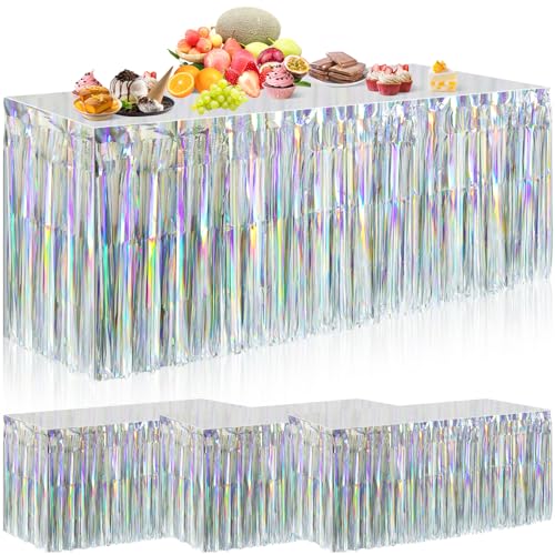 Dyrfolm 4 Pack Iridescent Table Skirt,Laser Metallic Foil Fringe Tinsel Table Skirts,Disposable Rainbow Table Skirt Banner for Rectangle Tables Birthday Wedding Graduation Party Decoration(29x108Inch)