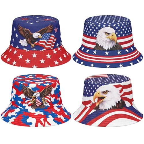 Image of Zhanmai 4 Pcs 4th of July USA Bucket Hat American Flag Patriotic Hats for Women Men 2026 Soccer Tournament Party Hat