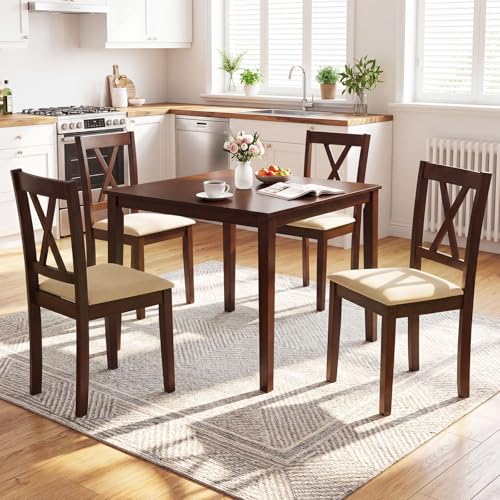 Giantex Dining Table Set for 4, Square Kitchen Table Set w/Rubber Wood Frame, 4 Upholstered Chairs w/X-Shaped Backrest, Space-Saving Dinette Set for Small Space, Dining Room, Breakfast Nook