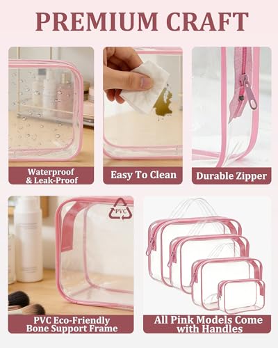 QULUXAO 4 PCS Clear Zipper Pouches Tsa Approved Toiletry Bag with Assorted Size Clear Makeup Bag Pink Waterproof Toiletry Bag for Women on Business Trips Carry on Luggage — view 4