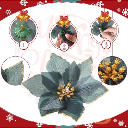 36 Pcs 3 Size Christmas Poinsettia Christmas Tree Flowers Glitter Faux Flowers Decoration Artificial Poinsettia Ornaments For Christmas New Year Home Outdoor Decoration (Dark Green,3/ 4/ 6 Inch) - Image 3
